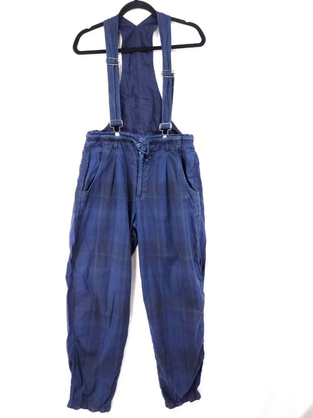Vintage Bugle Boy Overalls Size 28 Blue Plaid Pleated High Back Jumpsuit 90s